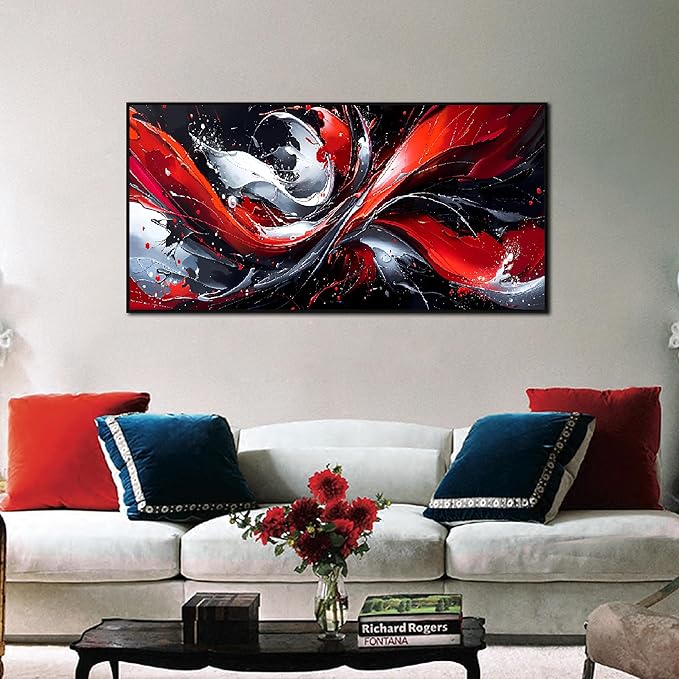 Ouzzlie Red Wall Decor Abstract Canvas Black and White Wall Art for Bedroom Modern Picture Artwork 24" x 48"