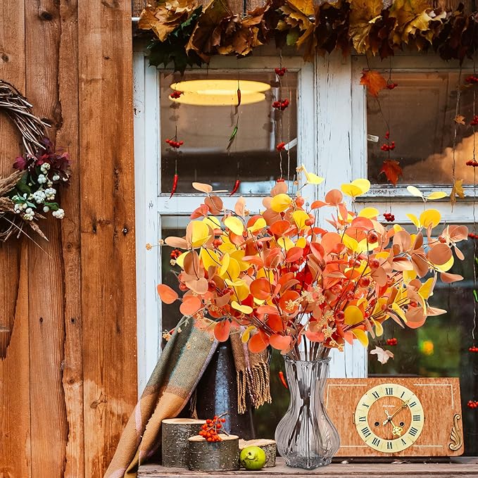 SITUMEIZI 6 Pcs Fall Stems Eucalyptus Artificial Fall Leaves Tall Autumn Decor 24" Foam Leaf Branches for Fall Halloween Thanksgiving Decoration Floral Arrangements