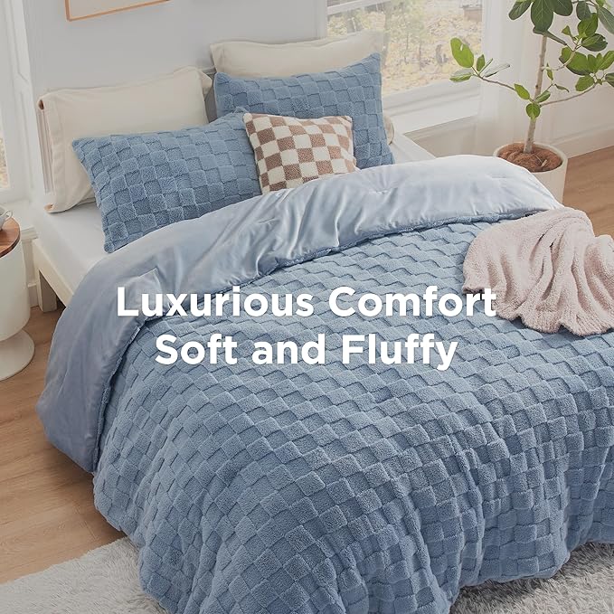 Bedsure Queen Fluffy Comforter Set, Ashley Blue Plush Fleece Bed Set, Checkered Farmhouse Boho Soft Warm Bedding for Winter, 3 Pieces, 1 Comforter (90"x90") and 2 Pillowcases (20"x26")