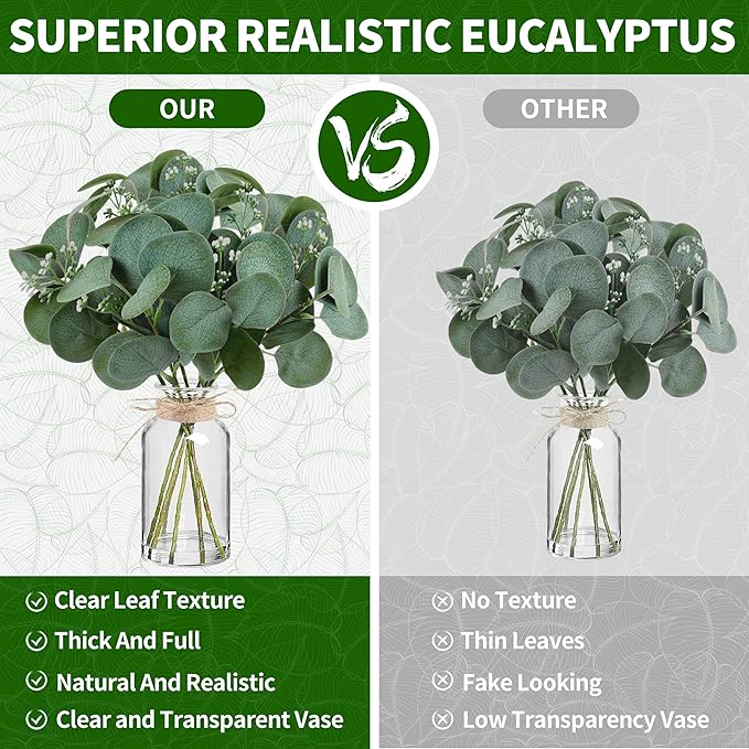 14" Artificial Eucalyptus Stems in Glass Vase with Faux Water, Realistic Eucalyptus Leaves Fake Plant Branch Greenery Decoration for Home Farmhouse Bathroom Kitchen Wedding Centerpiece Table Décor