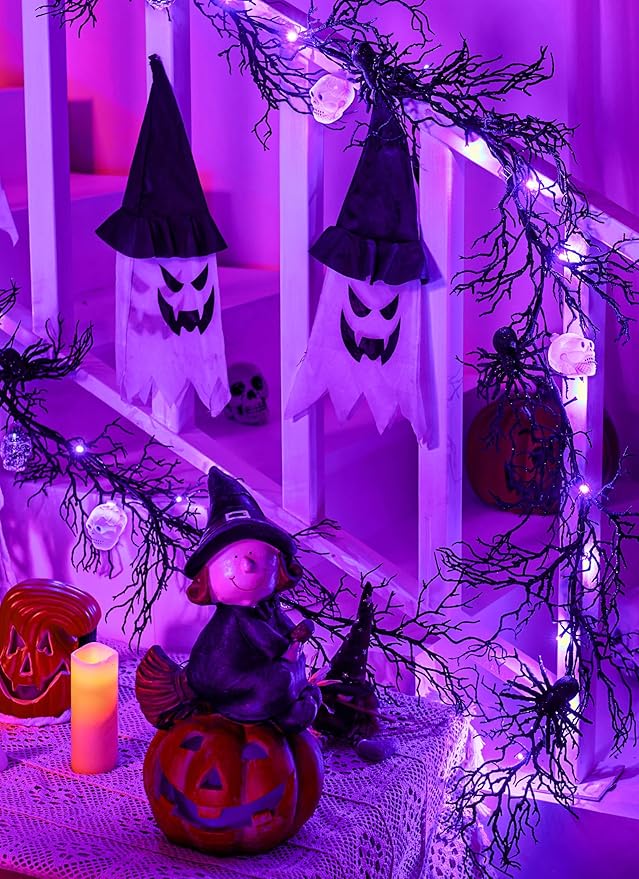Brightown Halloween Decorations Garland with Lights, 6 Feet 20 LED Purple Lights Vine Garland with Spider, Skull, Battery Operated for Fireplace Mantle Wall Table Door