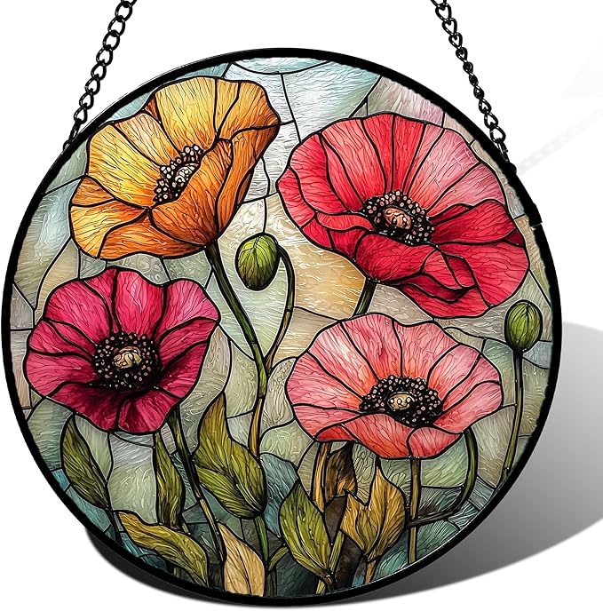 Stained Glass Suncatcher, Red Orange Poppy Flowers Sun Catcher Silver Background Wildflowers Window Hanging Decor Christmas Mother Birthday Gifts for Women Men Mom Nana 9.8 in