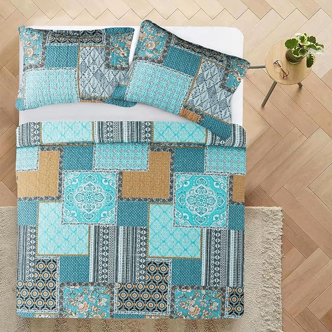 VAPUTAR Cotton Quilt Queen Size Bedding Set - 3 Pieces Queen Quilt Bedding Set, Boho Queen Size Quilts, Lightweight Reversible Coverlets Bedspreads for Farmhouse Bedroom (Teal/Green Chic)