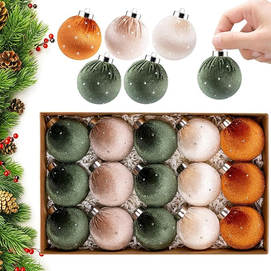 Christmas Tree Ornaments Set Velvet Balls, 15pcs Shatterproof Christmas Bulbs Ornaments for Xmas Tree Decorative Hanging, Vintage Flocked Decoration, 58mm, 2.3in, Multicolor Green Brown Neutral