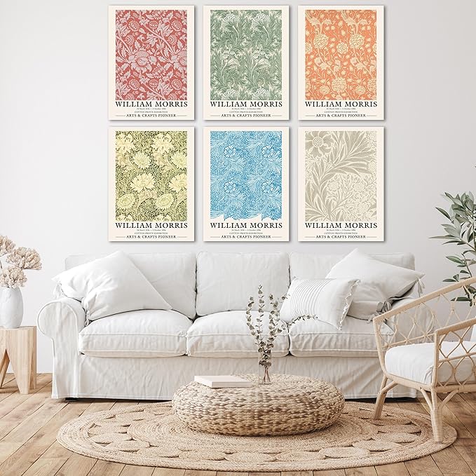 COSCTOR Set of 6 William Morris Wall Art Decor Canvas Framed 6 Pieces Vintage Abstract Minimalist for Bedroom Living Room Bathroom Hallway Home Decoration(Framed, 9x12)