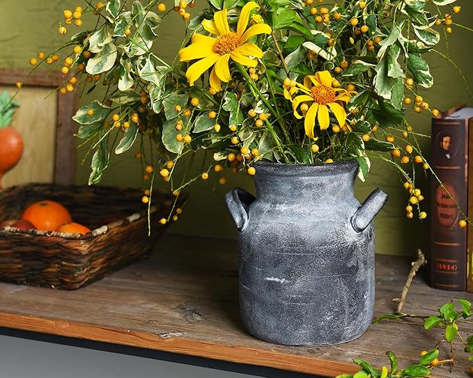 Quoowiit Ceramic Rustic Farmhouse Vase, Distressed Decorative Flower Vases for Home Decor, Ideal Shelf Decor, Grey Boho Vase for Living Room Bedroom Kitchen Office Centerpiece Table Decorations