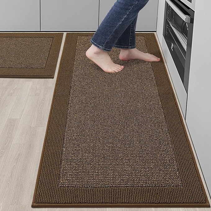 BEQHAUSE Kitchen Rugs and Mats Set of 2 Non-Slip Kitchen Mats for Floor, Absorbent and Stain Resistant Kitchen Runner, Machine Washable Rugs for Kitchen, Laundry & Sink, 24"x36"+24"x60", Brown