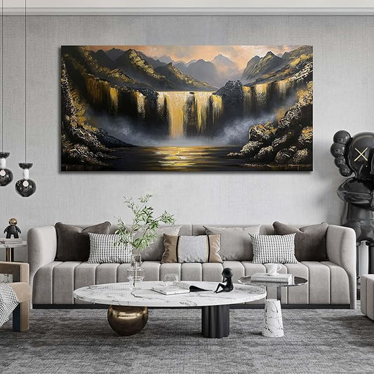 Waterfall Hand Painted Oil Painting On Canvas For Living Room - Black White and Gold Wall Decor For Bedroom - Huge Canvas Wall Art For Office Size 36 x 72 Inch