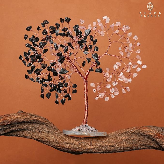 Crystal Tree for Home and Office Decoration, Black Obsidian & Rose Quartz Healing Stones Handmade Tree of Life for Positive Energy, Money, Good Luck, Christmas Decor, Birthday Gifts for Women, Mom