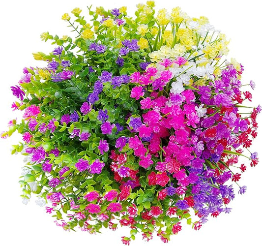 24 Bundles Artificial Flowers Outdoor Fake Mums Outdoor Plants Faux Flowers Bushes Bulk UV Resistant Plastic Greenery Decoration for Front Door Porch Outside Garden décor, 6 Colors