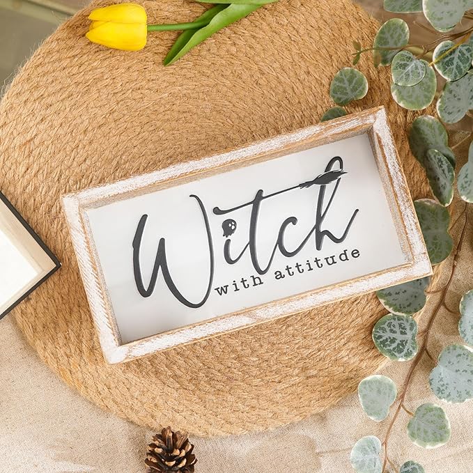 Embossed Witch Sign, Farmhouse Halloween Decorations Indoor, Vintage Halloween Tiered Tray Decor, Funny Spooky Halloween Centerpieces for Table Cubicle Desk Mantel Fireplace