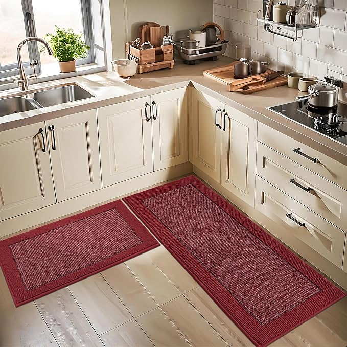 BEQHAUSE Kitchen Rugs and Mats Set of 2 Non-Slip Kitchen Mats for Floor, Absorbent and Stain Resistant Kitchen Runner, Machine Washable Rugs for Kitchen, Laundry & Sink, 24"x36"+24"x60", Red