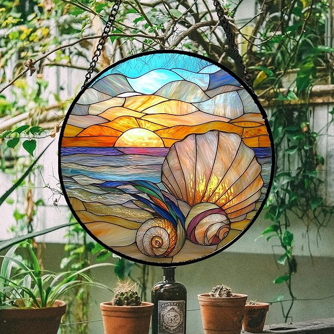 Stained Glass Window Hanging - Colorful Beach Shells Conch Sun Catcher for Door Home Decor Ocean Suncatcher Christmas Mother's Day Birthday Sea Lover Gifts for Women Men Mom Nana 9.8 in