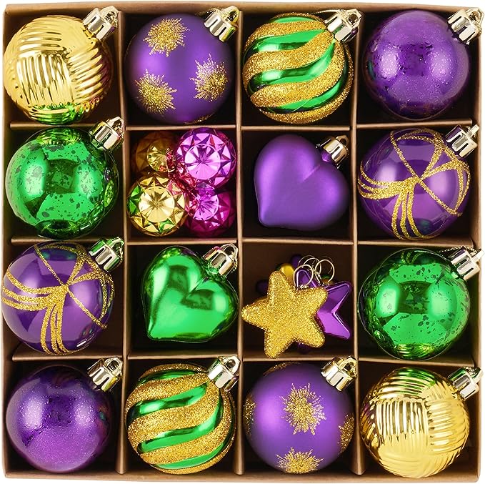 Valery Madelyn 28Pcs Christmas Heart Shaped Ornaments Gift Pack, Mardi Gras Craft Painted Tree Heart Decorations, Purple Green Gold Christmas Baubles Hanging Holiday Party Decor