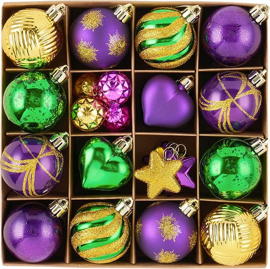 Valery Madelyn 28Pcs Christmas Heart Shaped Ornaments Gift Pack, Mardi Gras Craft Painted Tree Heart Decorations, Purple Green Gold Christmas Baubles Hanging Holiday Party Decor