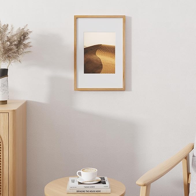 Fun Memories Solid Oak Wood Picture Frame 12"x18" for Wall - Tempered Real Glass, Matted to 8.5x11, Poster Frame (Natural Oak Color, 1 Pack)