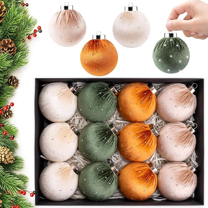 Christmas Tree Ornaments Set Velvet Balls, 12pcs Shatterproof Christmas Bulbs Ornaments for Xmas Tree Decorative Hanging, Vintage Flocked Decoration, 78mm, 3.1in, Multicolor Green Brown Neutral