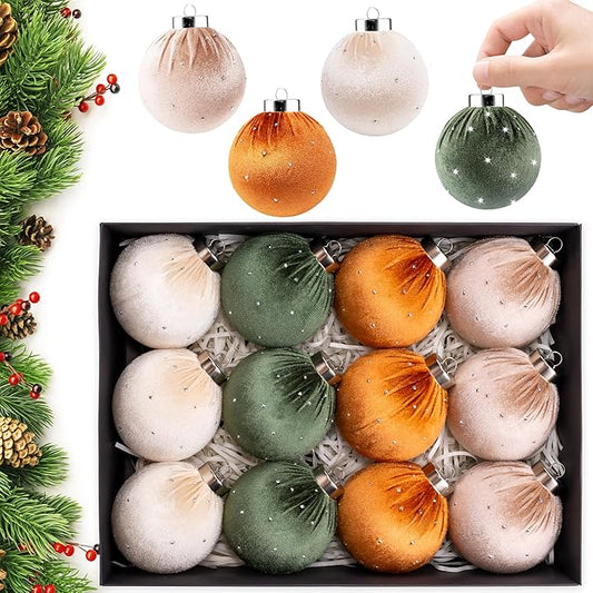 Christmas Tree Ornaments Set Velvet Balls, 12pcs Shatterproof Christmas Bulbs Ornaments for Xmas Tree Decorative Hanging, Vintage Flocked Decoration, 78mm, 3.1in, Multicolor Green Brown Neutral