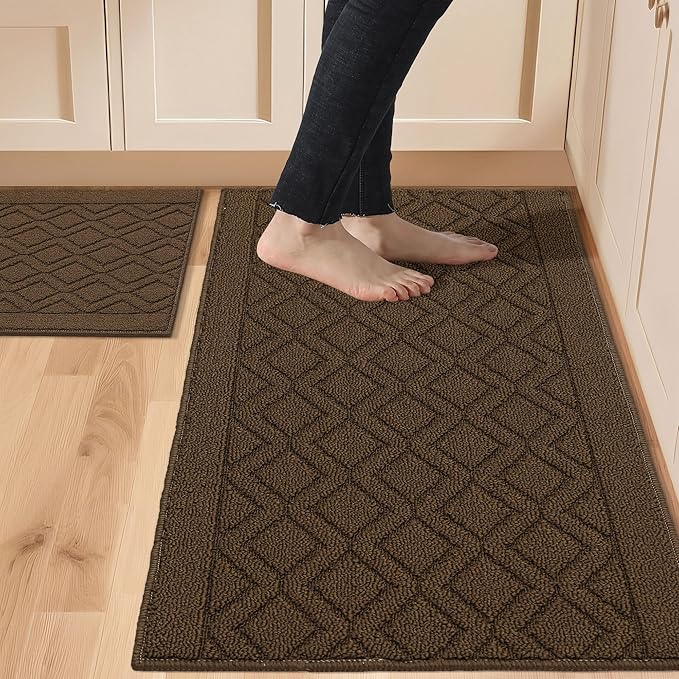COSY HOMEER 48x20 Inch/30X20 Inch Kitchen Rug Mats Made of 100% Polypropylene 2 Pieces Soft Kitchen Mat Specialized in Anti Slippery and Machine Washable,Brown