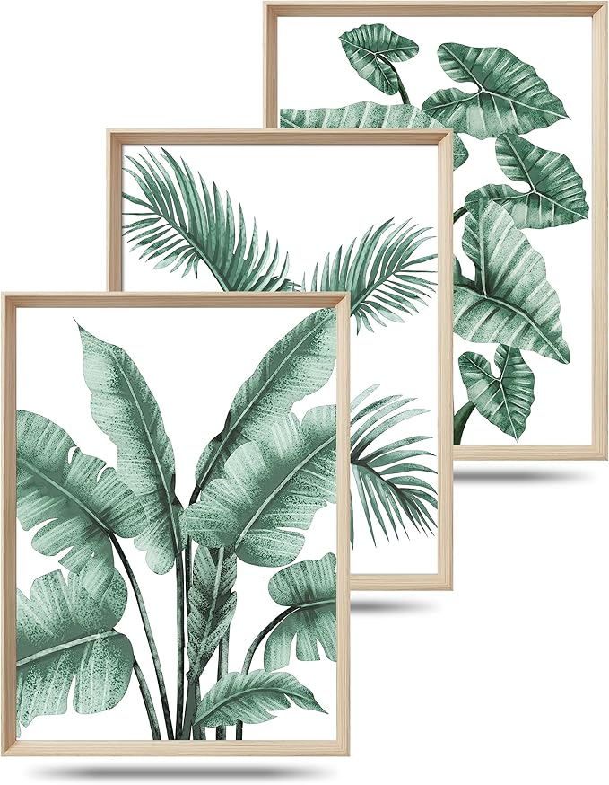 UPWOIGH Framed Wall Art(No Plexiglass), Abstract Green Palm and Eucalyptus Leafs Canvas Wall Art, High-end 16x12in Wood Wall Decor Prints Artworks for Living Room Bedroom, Plant Neutral Wall Decor Set