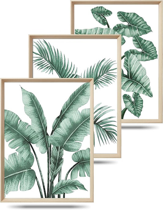 UPWOIGH Framed Wall Art(No Plexiglass), Abstract Green Palm and Eucalyptus Leafs Canvas Wall Art, High-end 16x12in Wood Wall Decor Prints Artworks for Living Room Bedroom, Plant Neutral Wall Decor Set