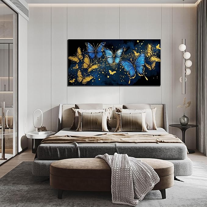 Butterfly Canvas Wall Art for Living Room - Modern Wall Art Office - Blue and Gold Butterfly Wall Art for Bedroom Size 29" x 59"