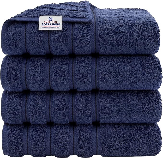 American Soft Linen Luxury 4 Piece Bath Towel Set, 600 GSM 100% Cotton Turkish Bath Towels for Bathroom, 27x54 in Extra Large Bathroom Shower Towels, Navy Blue