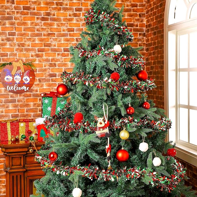 Dingion 59 Feet Christmas Tinsel Garland Metallic Twist Ornaments Hanging Glitter Xmas Garland for Christmas Tree Indoor Outdoor Decoration Party Supplies(Silver, Red, Green)