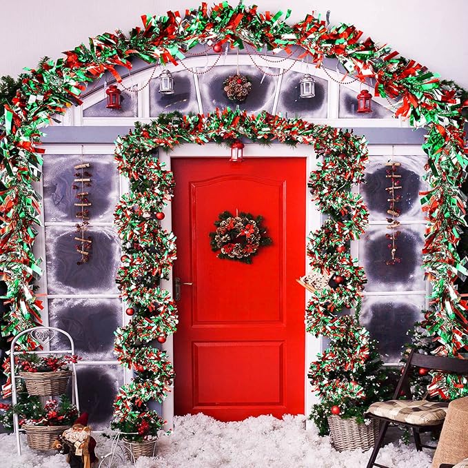 Dingion 59 Feet Christmas Tinsel Garland Metallic Twist Ornaments Hanging Glitter Xmas Garland for Christmas Tree Indoor Outdoor Decoration Party Supplies(Silver, Red, Green)