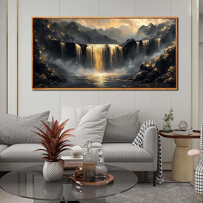 Black Mountain Canvas Wall Art for Bedroom - Gold Waterfall Art Wall Decor for Living Room - Wooden Framed Wall Art for Office Size 29" x 59"
