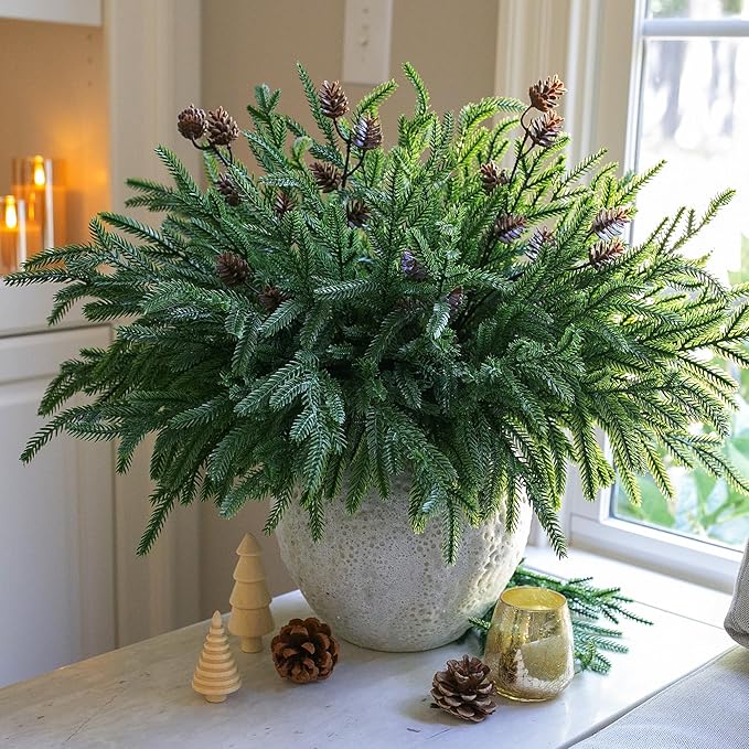 Artificial Christmas Norfolk Pine Stems Branches for Vases,12 Bundles Fake Pine Stems with 2 PCS Small Pinecones Branches Faux Evergreen Real Touch Greenery for Xmas Holiday Winter Table Indoor Decor