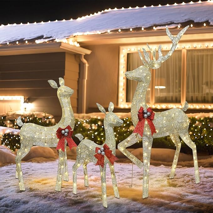 winemana 3 Pcs Christmas Reindeer Decorations Outdoor, Lighted Large Deer Yard Decor Light up 3D Deer Family Set for Outside Indoor Lawn Garden Xmas Holiday Party (Gold)