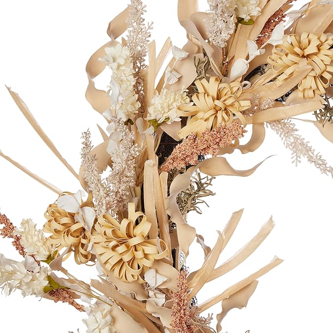 26 inch Golden Wild Flower Wreath, Artificial Flax Grass, Mini Mums, Wild Delphinium, & Millet, Neutral Color, Indoor Fall Home Decor, Front Door Display - by Seasonal LLC
