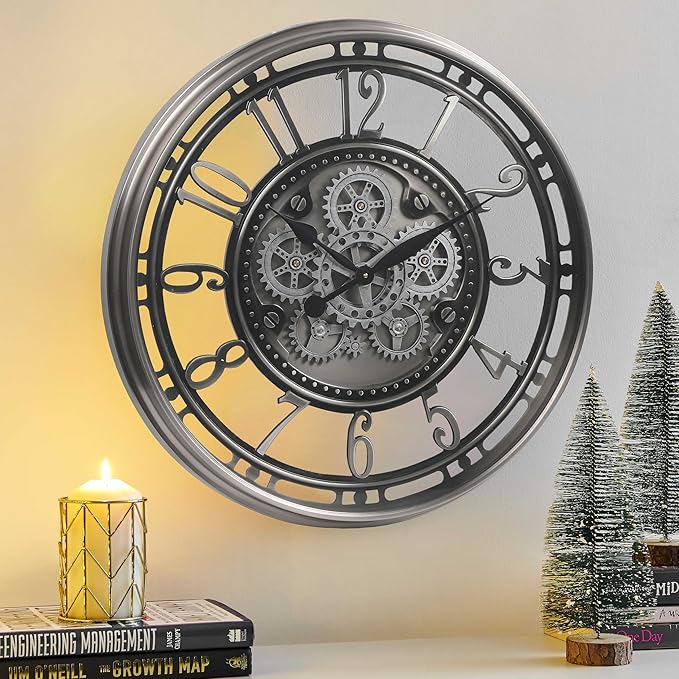 CLXEAST 28 Inch Large Industrial Moving Gear Wall Clock for Living Room Decor, Modern Farmhouse Decorative Clock for Dinning Room,Gunmetal Silver,House Warming Gifts New Home