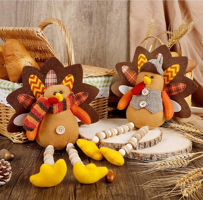 winemana Thanksgiving Decorations Set of 2 Turkeys with Dangling Legs, Mr and Mrs Turkey Couple Plush Tabletop Centerpieces for Fall Harvest Home Kitchen Shelf