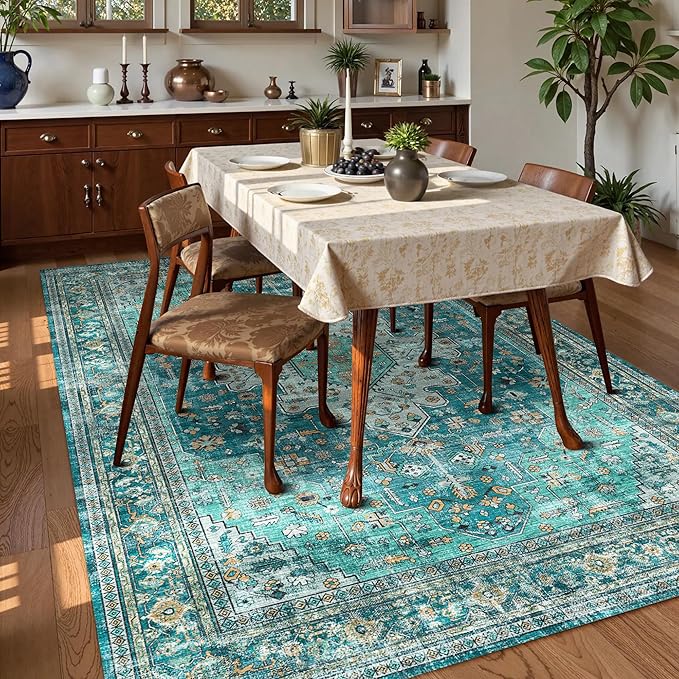 Washable Area Rug 4' x 6' Vintage Traditional Persian Mat - Foldable Distressed Non-Slip Machine Washable Carpet for Living Room Bedroom Kitchen Home Decor - Teal and Gold