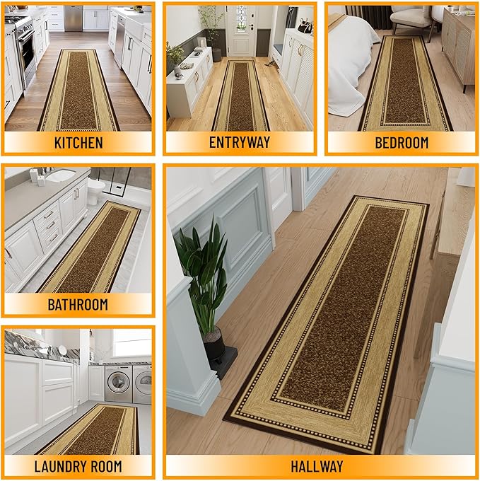Ottomanson Hallway Runner Rug 2'7" x 9'10" Non Slip Border Area Rugs Easy to Clean Laundry Rug Runner Durable & Pet Friendly Floor Carpet Runners for Hallways Entryway Living Room Kitchen, Brown