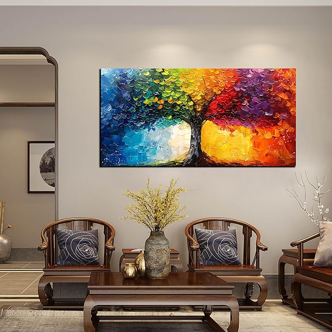 Large Tree Pictures for Living Room - Modern Canvas Wall Art for Office - Colorful Wall Decor for Girls Bedroom Size 29" x 59"