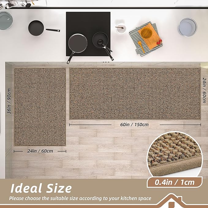 BEQHAUSE Kitchen Rugs and Mats 2PCS, Non-Slip Kitchen Mats for Floor, Absorbent and Stain Resistant Kitchen Runner, Machine Washable Rugs for Kitchen, Laundry & Sink, 24"x36"+24"x60", Taupe