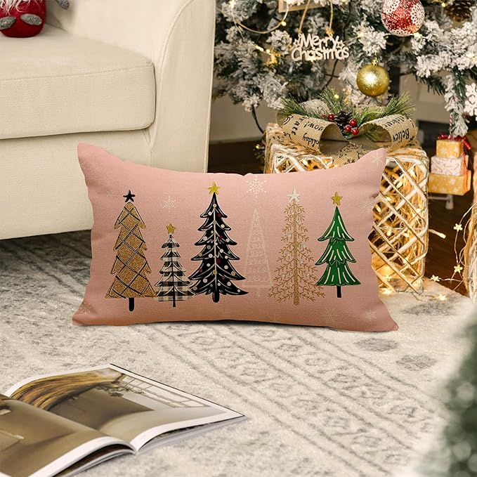 Pink Christmas Pillow Covers 12x20 Inch Black Green Gold Christmas Trees Throw Pillows Pillow Covers Merry Xmas Winter Holiday Decorative Pillow Covers Cushion Cases for Sofa Couch