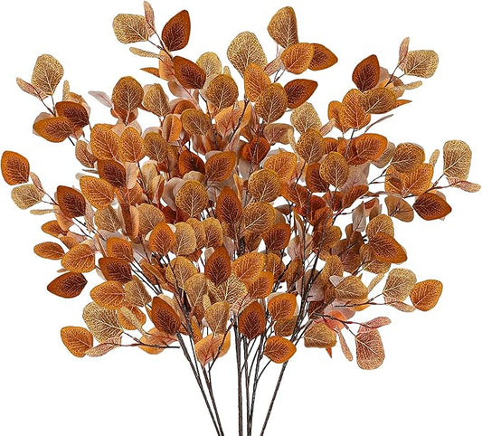 Sggvecsy 6 Pcs Fall Eucalyptus Leaves Artificial Eucalyptus Stems Long Silver Dollar Leaves Autumn Leaf Branches Fake Silk Eucalyptus for Indoor Home Autumn Thanksgiving Decor (Mixed Fall Color)