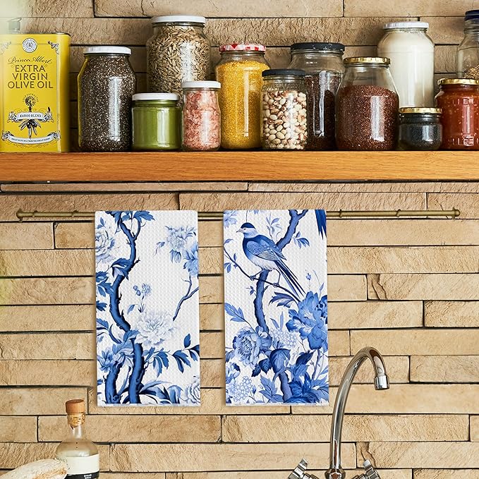 Chinoiserie Wildflower Bird Kitchen Towels Set of 2 - Retro Chinoiserie Tea Waffle Weave Towels for Kitchen Decorative, Chinoiserie Farmhouse Dish Towels Waffle Weave 16 X 24 Inch