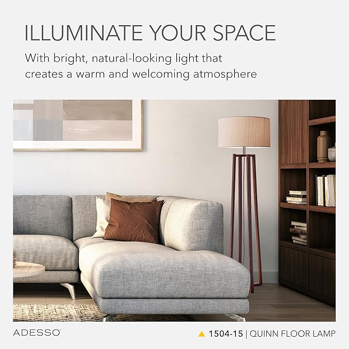 Adesso Floor Lamp with Walnut Birch Wood & Natural Linen Lampshade - 3-Way Adjustable Brightness, Lamp for Bedroom, Living Room, and House Décor, 60” x 19”