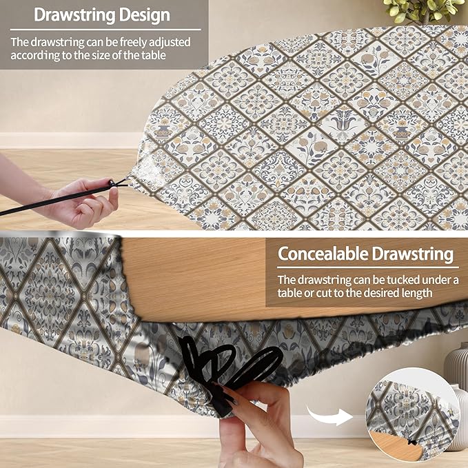 Fitted Farmhouse Round Tablecloth for 36-44" Tables Stain Resistant Vinyl Manteles Redondos para Mesa Apartment Kitchen Equipment Camping Picnic Products Womens Mens Cool Useful Gift Ideas