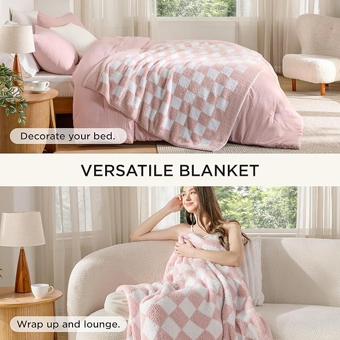 Bedsure Full Comforter Set with Checkered Throw Blanket for Couch - 4 Pieces, 1 Pink Comforter Full Size, 2 Pillow Shams, 1 Checkered Blanket, Super Soft, Lightweight & Fluffy for Bed & Sofa