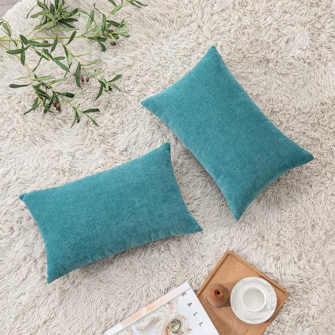 GAWAMAY Decorative Rectangle Throw Pillow Covers 12"x20" Inch Set of 2, Soft Chenille Lumbar Support Pillow Fall Pillowcase for Living Room Bedroom Sofa Couch Cushion Cover Teal 30x50cm (NO Inserts)