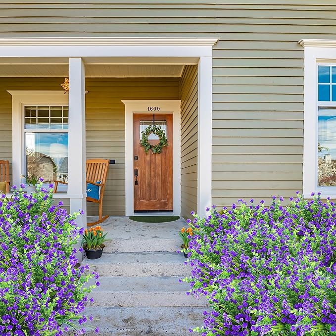 Sggvecsy Artificial Flowers for Outdoors 12 Bundles UV Resistant Boxwood Shrubs Artificial Eucalyptus Fake Plants Faux Plastic Greenery for Farmhouse Garden Home Indoor Outdoor Decoration（Purple）