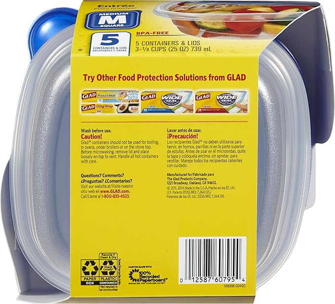 Glad Entrée Food Storage Containers, Medium Square (25 Oz) - 5 Count, Standard