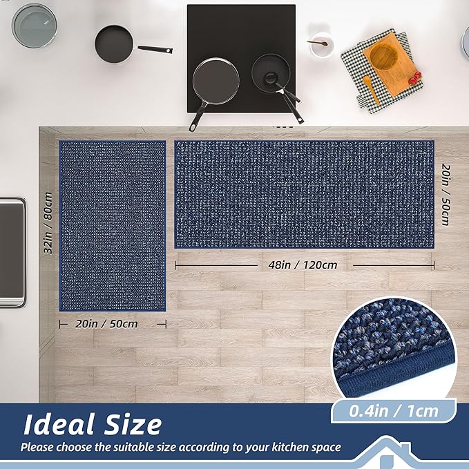 BEQHAUSE Kitchen Rugs and Mats 2PCS, Non-Slip Kitchen Mats for Floor, Absorbent and Stain Resistant Kitchen Runner, Machine Washable Rugs for Kitchen, Laundry & Sink, 20"x32"+20"x48", Blue