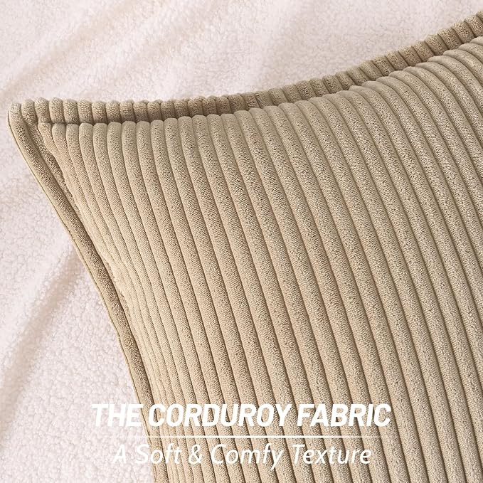 Mecatny Corduroy Throw Pillow Covers 24x24 Set of 2, Neutral Decorative Soft Boho Couch Pillow Covers with Broadside for Sofa Living Room, Khaki